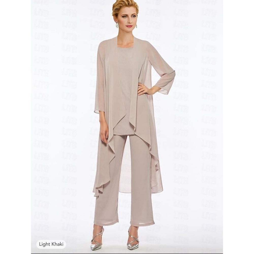 NWT LanTing Elegant Chiffon 3 Piece Beige Flowy Mother of the Bride Pantsuit